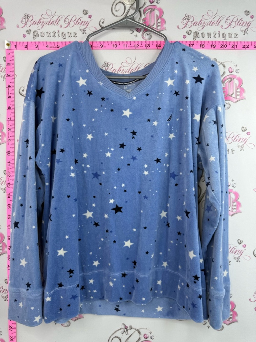 Nautica long sleeve shirt soft fleece comfy Blue Star Print V‑Neck Pullover